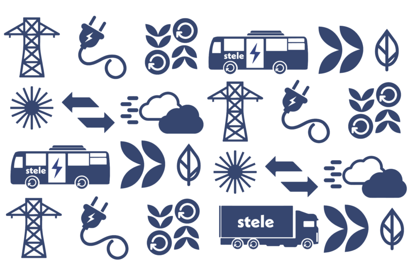 Symbole, die erneuerbare Energien, Elektrofahrzeuge und nachhaltige Praktiken darstellen und Stromleitungen, Stecker, Wolken und Blätter umfassen.
