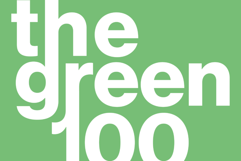 A modern logo for "the green 100," featuring bold white text on a light green background, emphasizing eco-friendliness and sustainability.